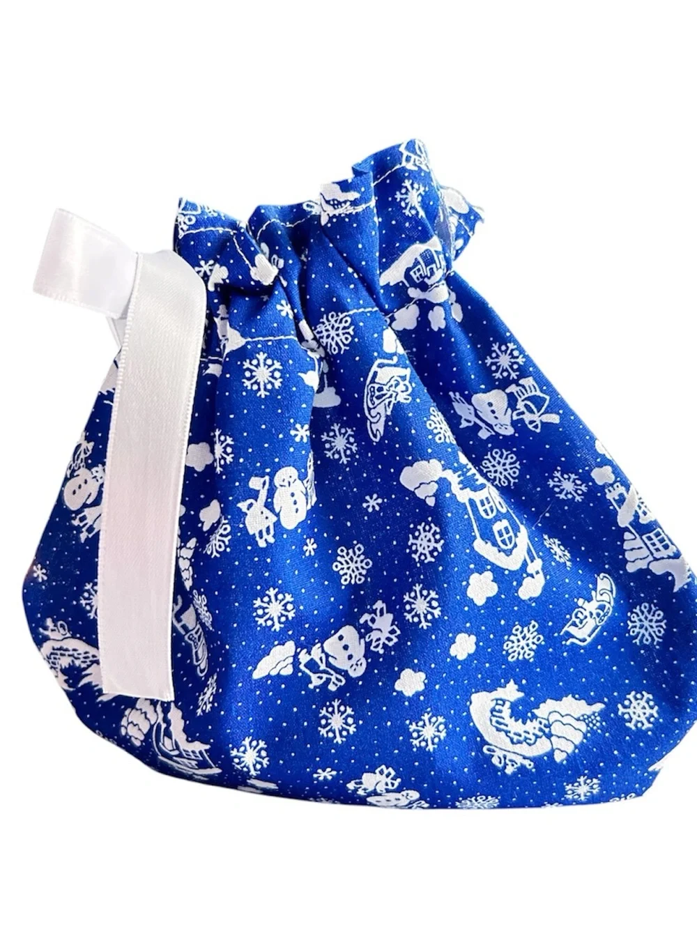 Hand Crafted Holiday Drawstring Gift Bag White Ribbon Eco Friendly Reusable